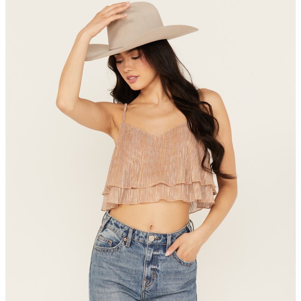 En Creme Women's Metallic Cropped Tank Top Sz MED Gold Brown Shimmer Ruffles